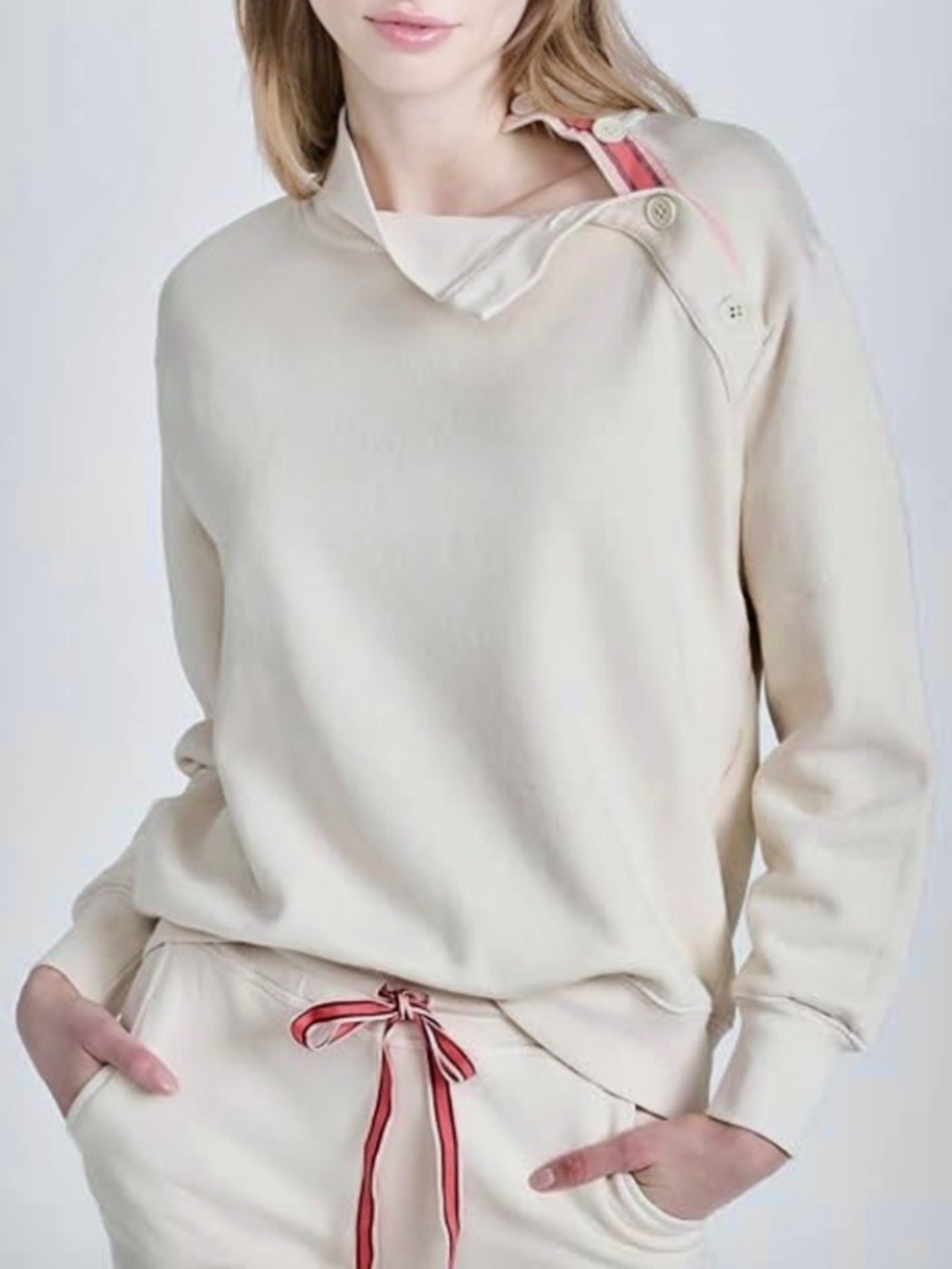 Sundry Button Neck Fleece Sweatshirt Eggshell White Size 1 Small
